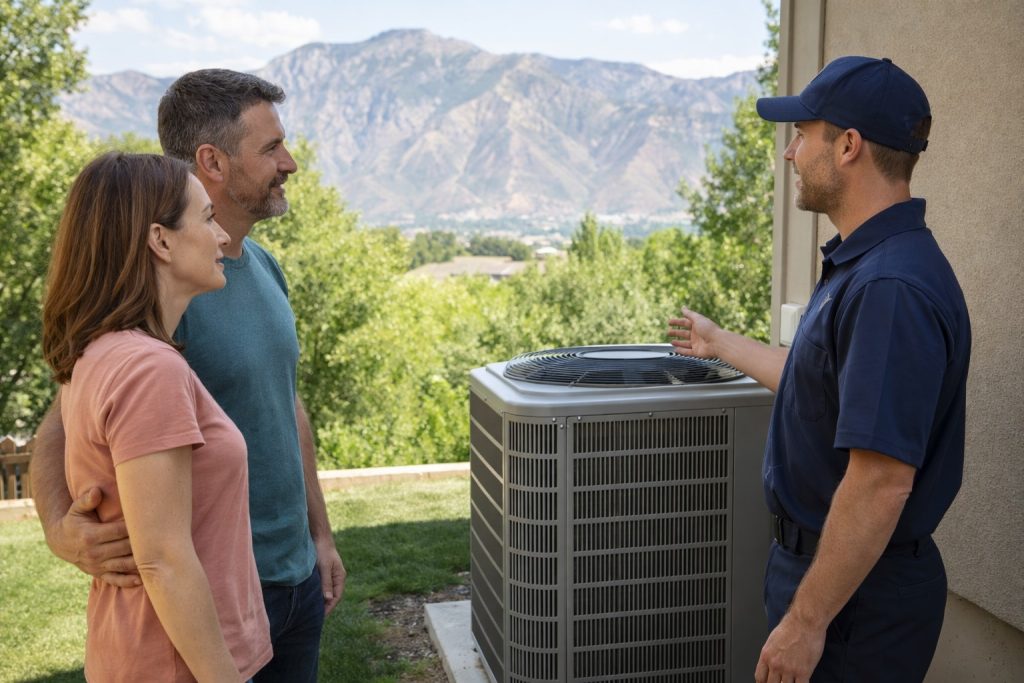 Couple listening to technician explain new AC unit in Ogden backyard with mountain backdrop.