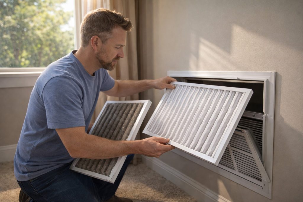 Homeowner replacing air filter for spring AC maintenance.