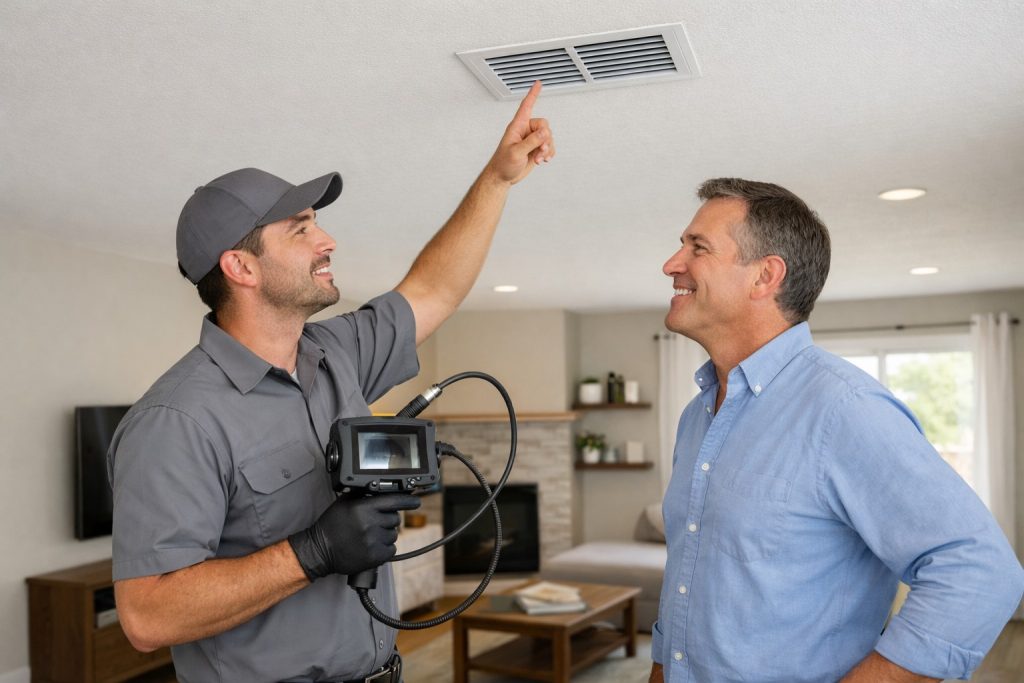Homeowner and HVAC technician discussing duct inspection in a clean Ogden living room