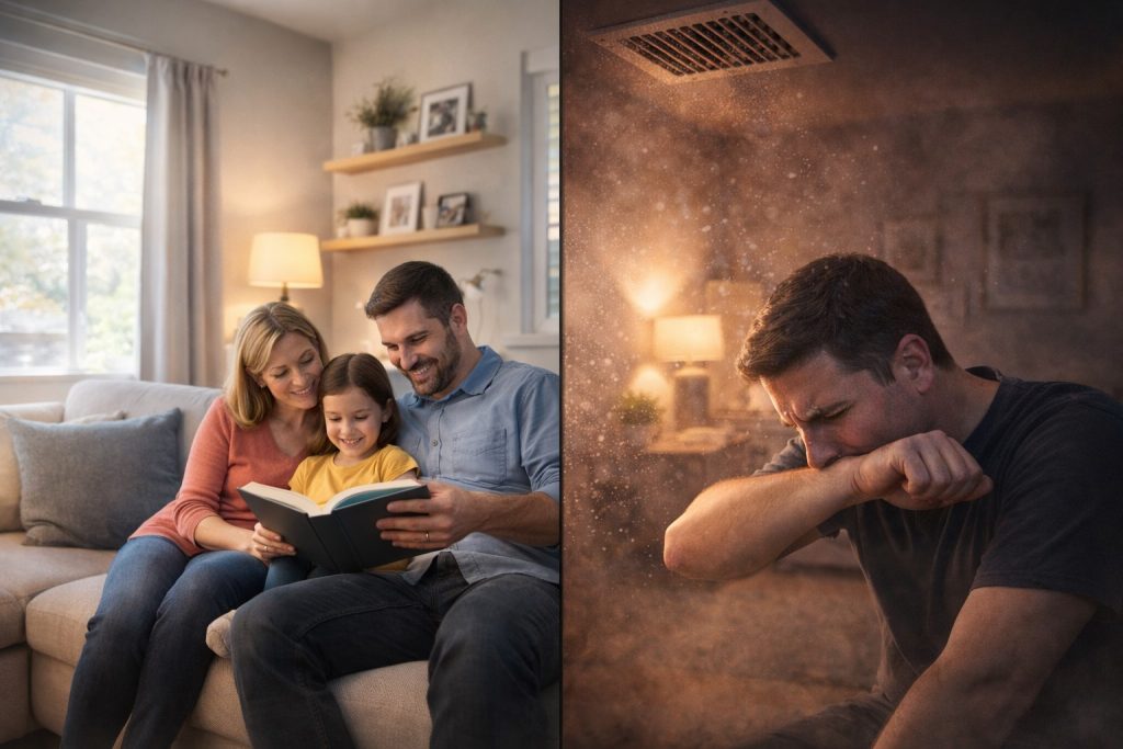 Split-scene metaphor showing clean vs. dusty home due to duct conditions