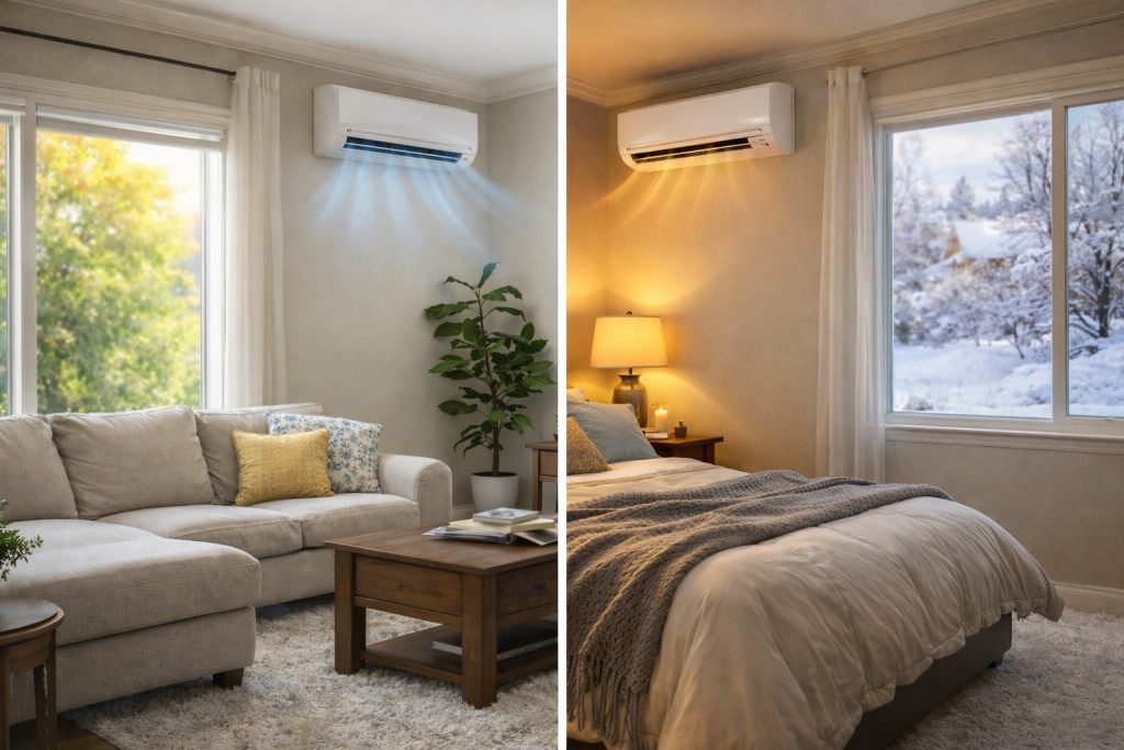 Split-scene showing ductless mini-split system providing summer cooling and winter heating in Ogden home