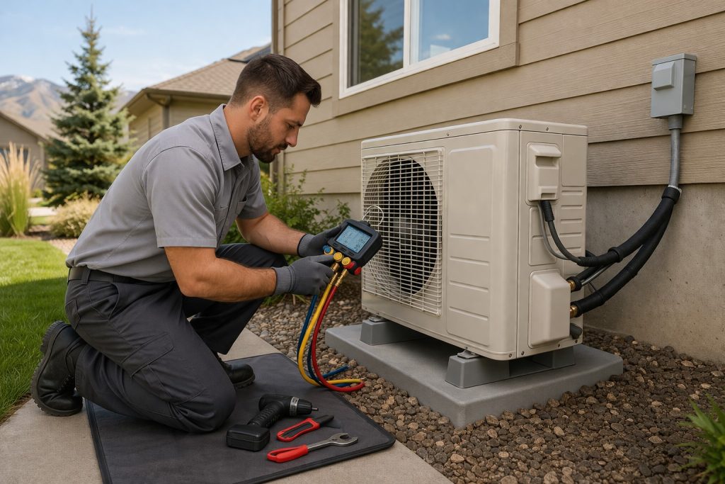 HVAC technician checking refrigerant levels heat pump Ogden Utah