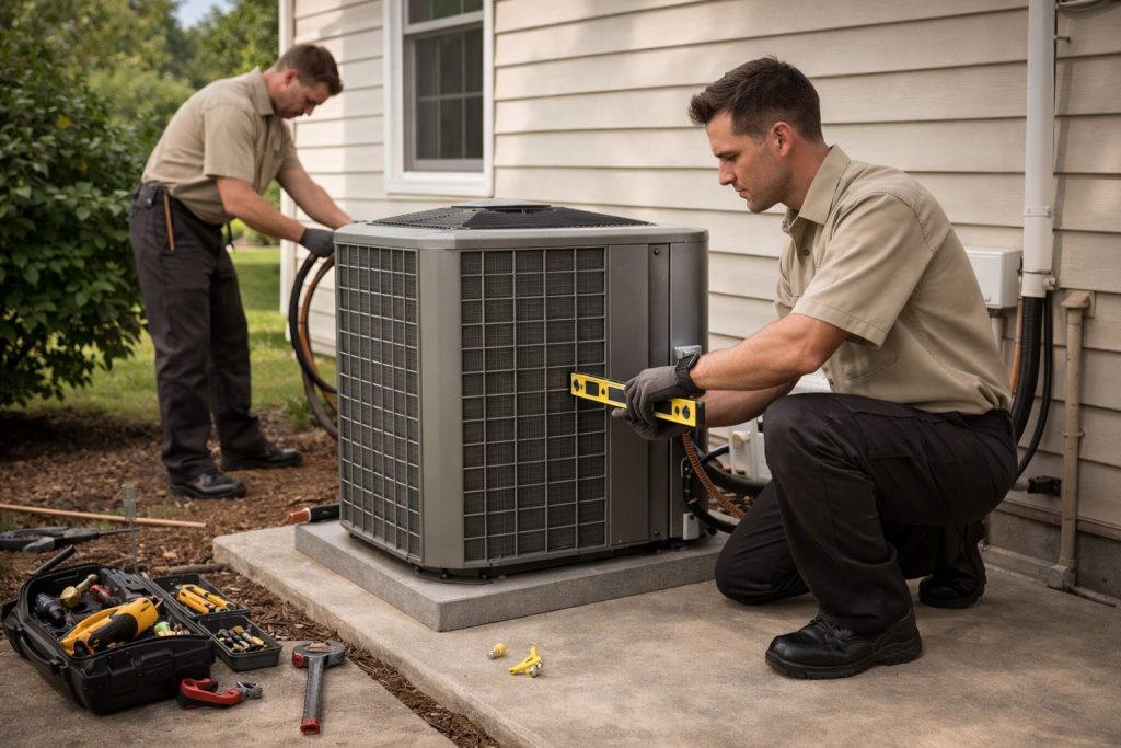HVAC technicians installing new AC condenser in Ogden