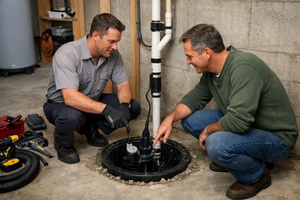 Homeowner discussing new sump pump installation with plumber in basement