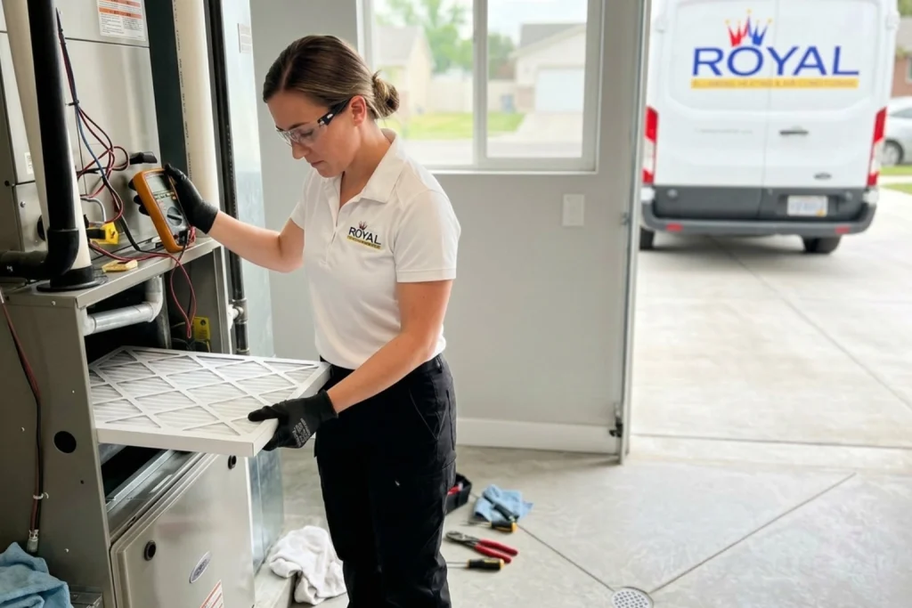 HVAC technician performing routine maintenance service