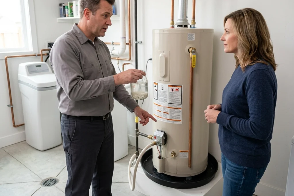 Salt Lake City homeowner learning about water heater flushing