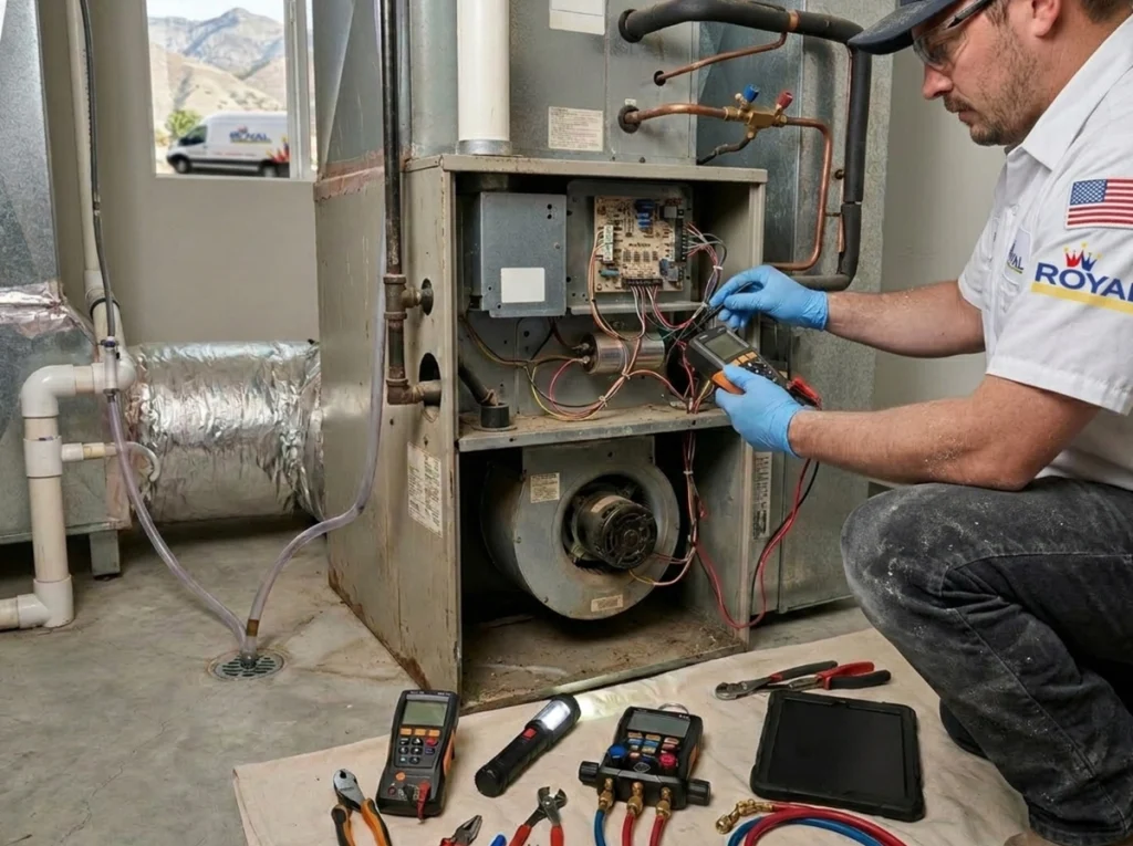 HVAC technician evaluating aging system lifespan in Utah home