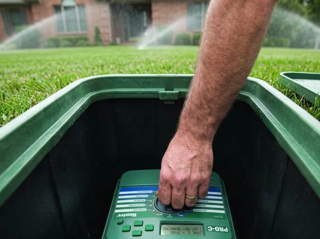 A homeowner adjusting his sprinkler system to use less water.