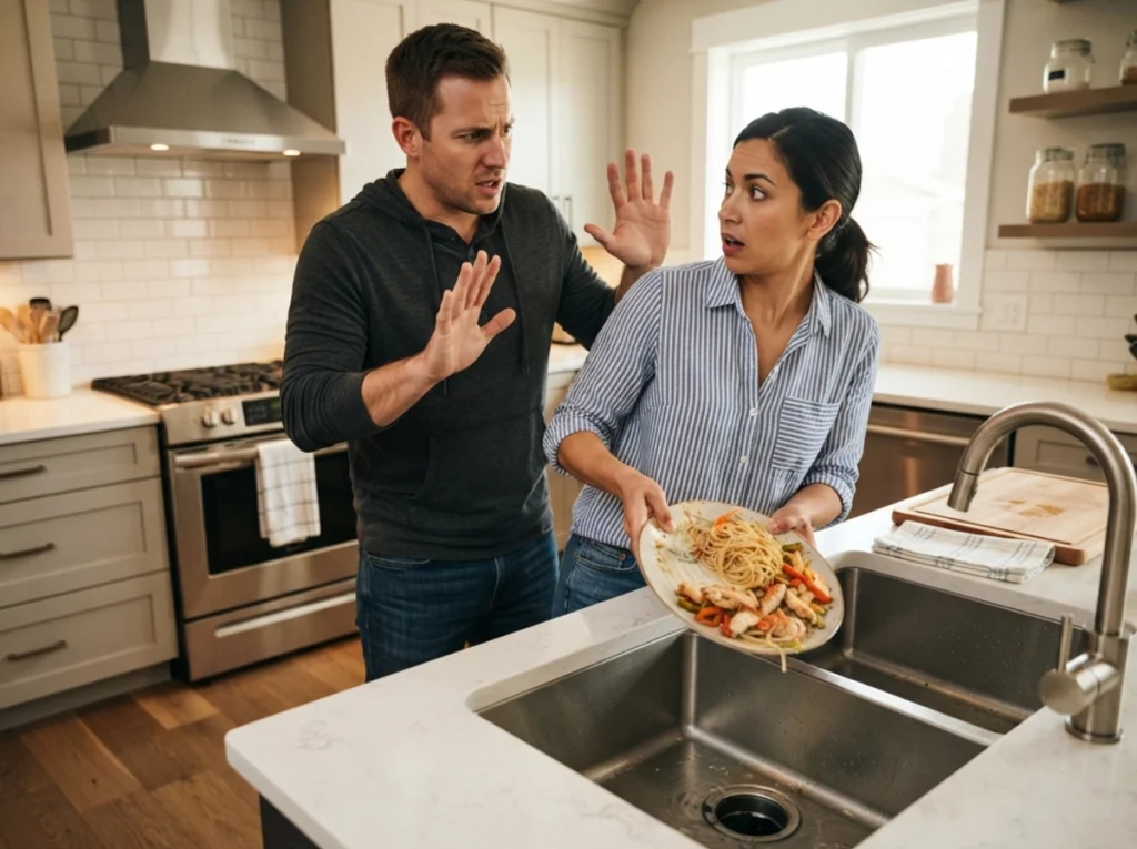 A husband stopping his wife from dumping stuff into the garbage disposal