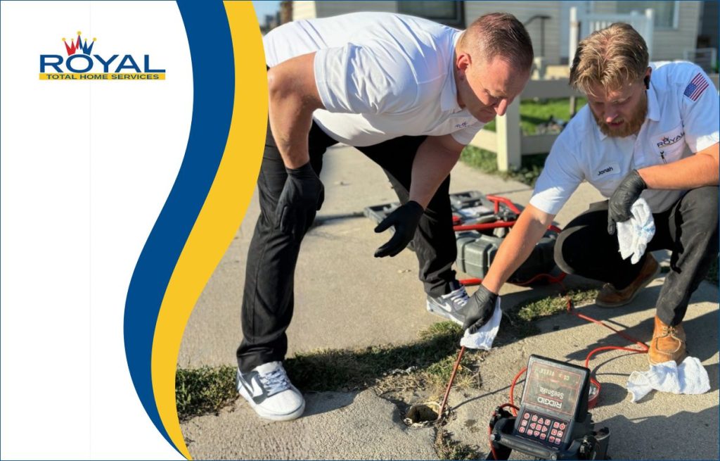 Royal plumbers using a drain camera to detect sewer line issues.