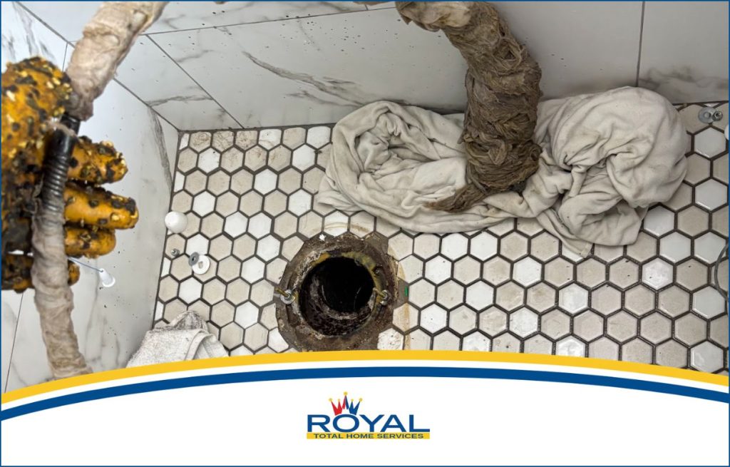 A Royal plumber cleaning a smelly drain in the shower.